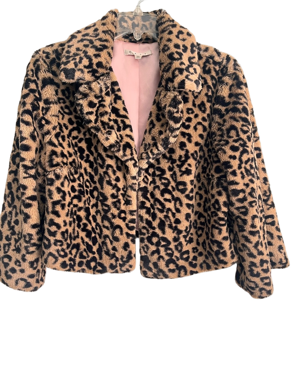 CAbi Faux Fur Teddy Jacket Leopard Print Cropped Collar Lined Womens M Cozy